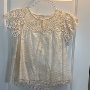 Women’s Cream Eyelet Lace Peasant Blouse with Tassel Tie